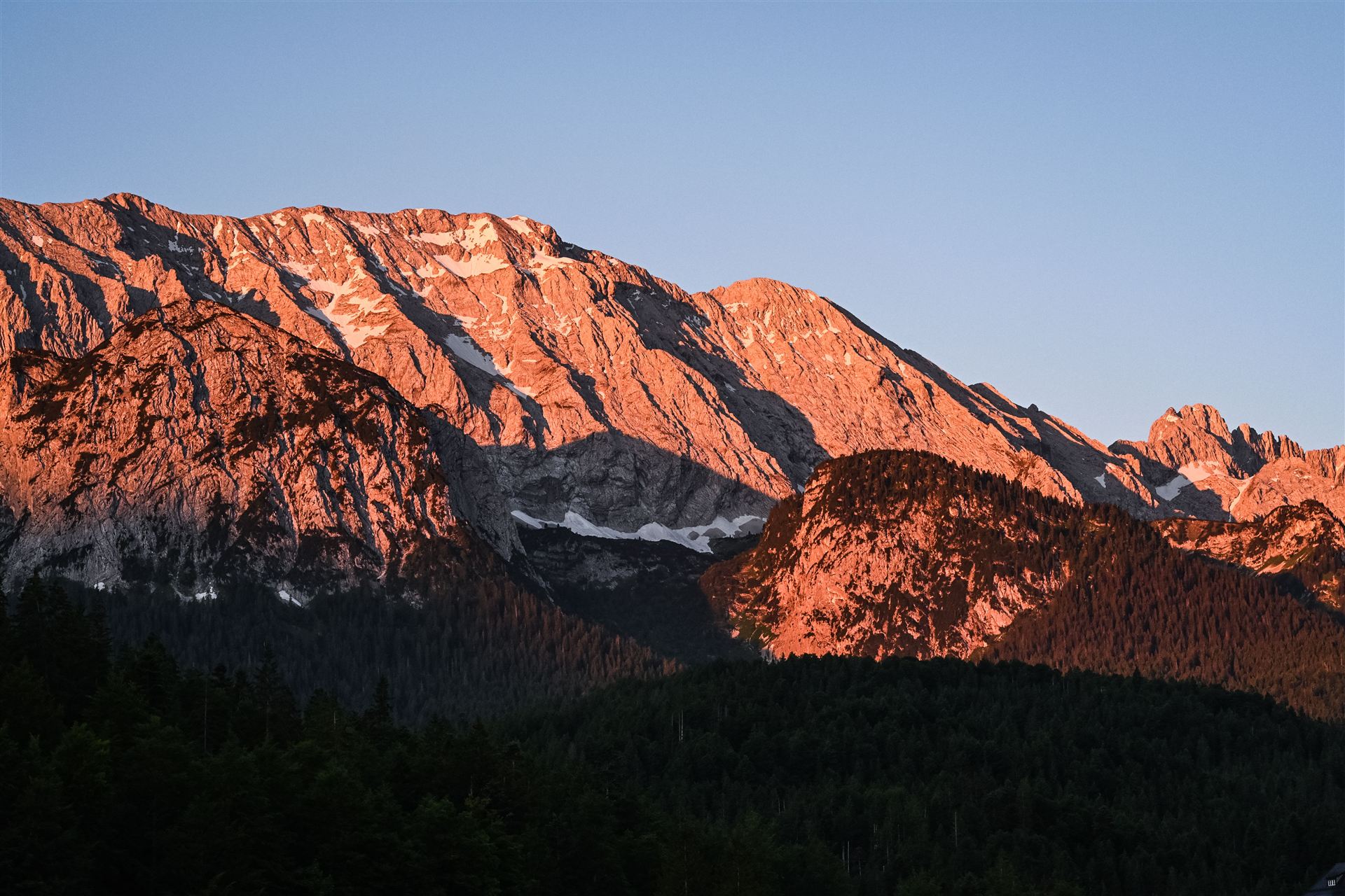 Alpenglow lighting the Wetterstein wall orange at sunset